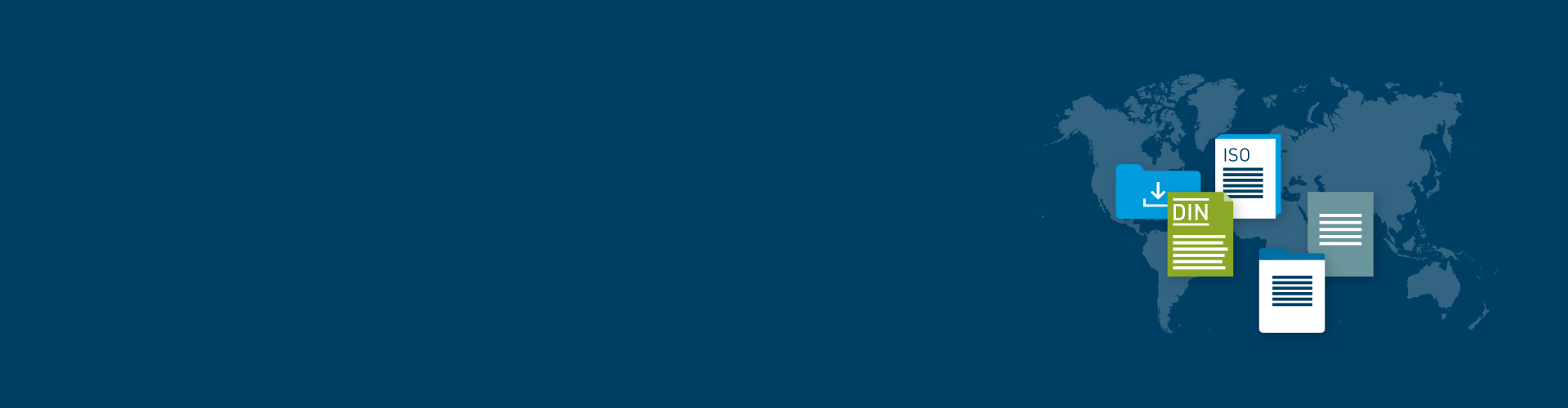 Abbildung von Dokumenten wie DIN und ISO vor Weltkarte, repräsentiert globales Normen-Management und Produkt-Compliance.